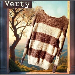Verty Women's Fuzzy Striped Sweater in Brown and Cream